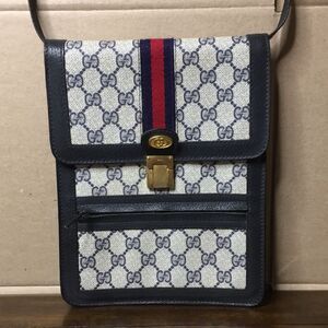 GUCCI GG Ophidia Sherryline Stripe Navy Leather Grey Coated Canvas MessengerBag